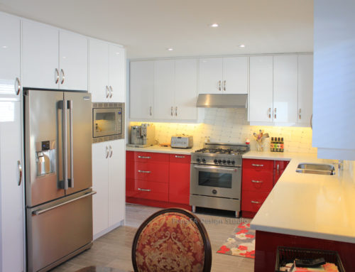 Contemporary Kitchen Featuring High Gloss Red and White Cabinet Match