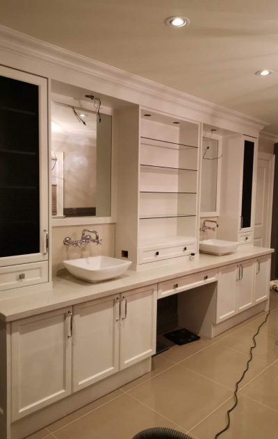 Large Vanity Unit with Duo Sinks and Floating Glass Shelves