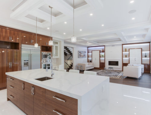 Modern Kitchen Featuring Contrast Accent Walnut High Gloss Cabinetry and Special Design Hood