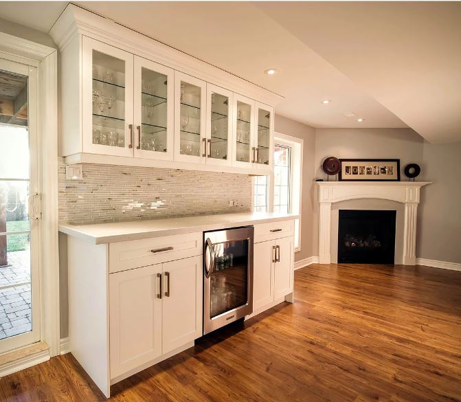 White MDF clear glass bar with wine fridge