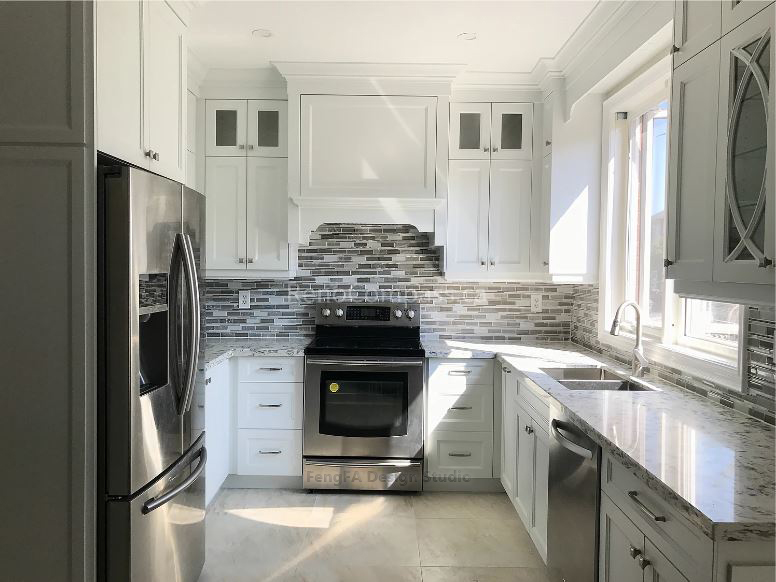 Transitional Kitchen - Custom Hood with Symmetrical Side Cabinets