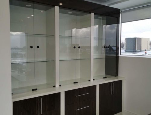 Commercial Build – Glass Shelving Cabinetry and Inhouse Customize Sizing Desk