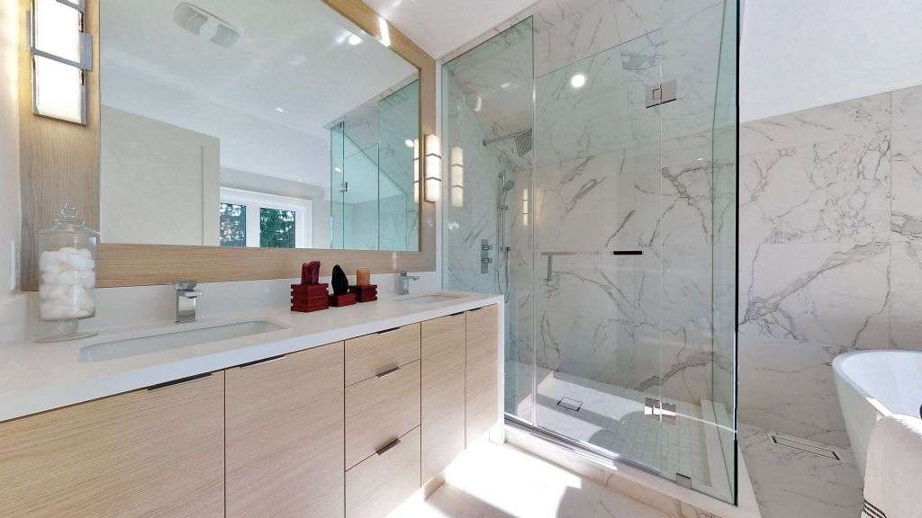 Vanity with Wood Finish Doors and Flat Handles